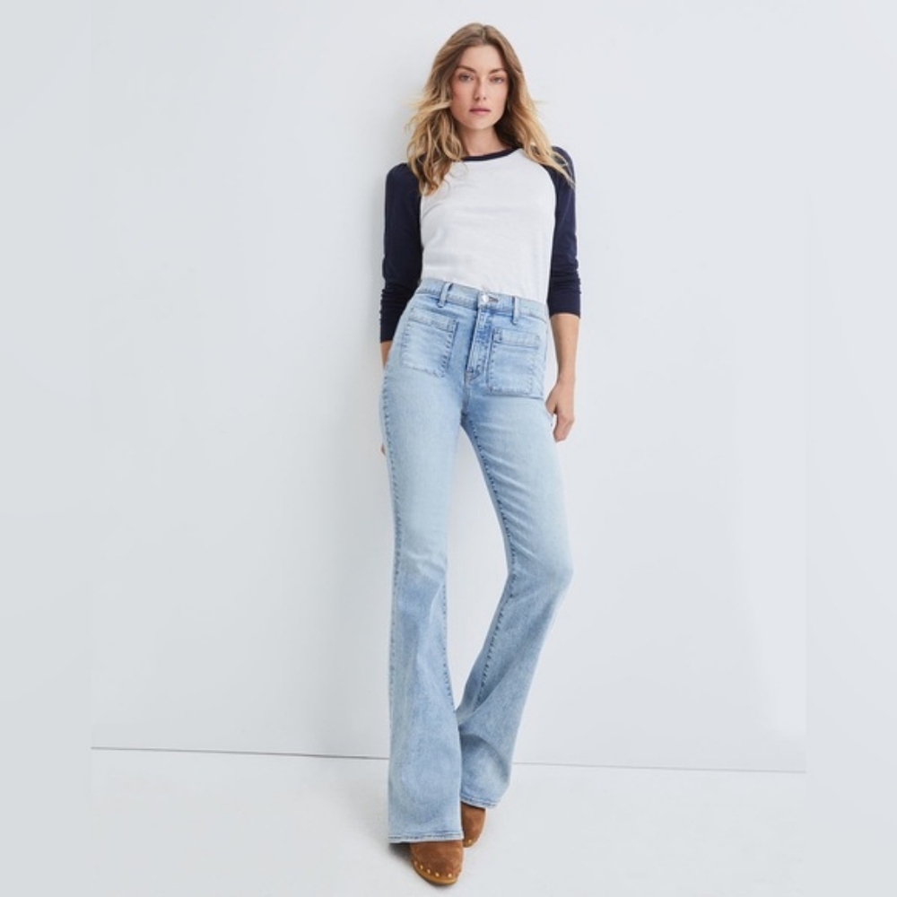 Veronica Beard Florence Flare Leg Light Blue Cape Patch Pocket Jeans 29